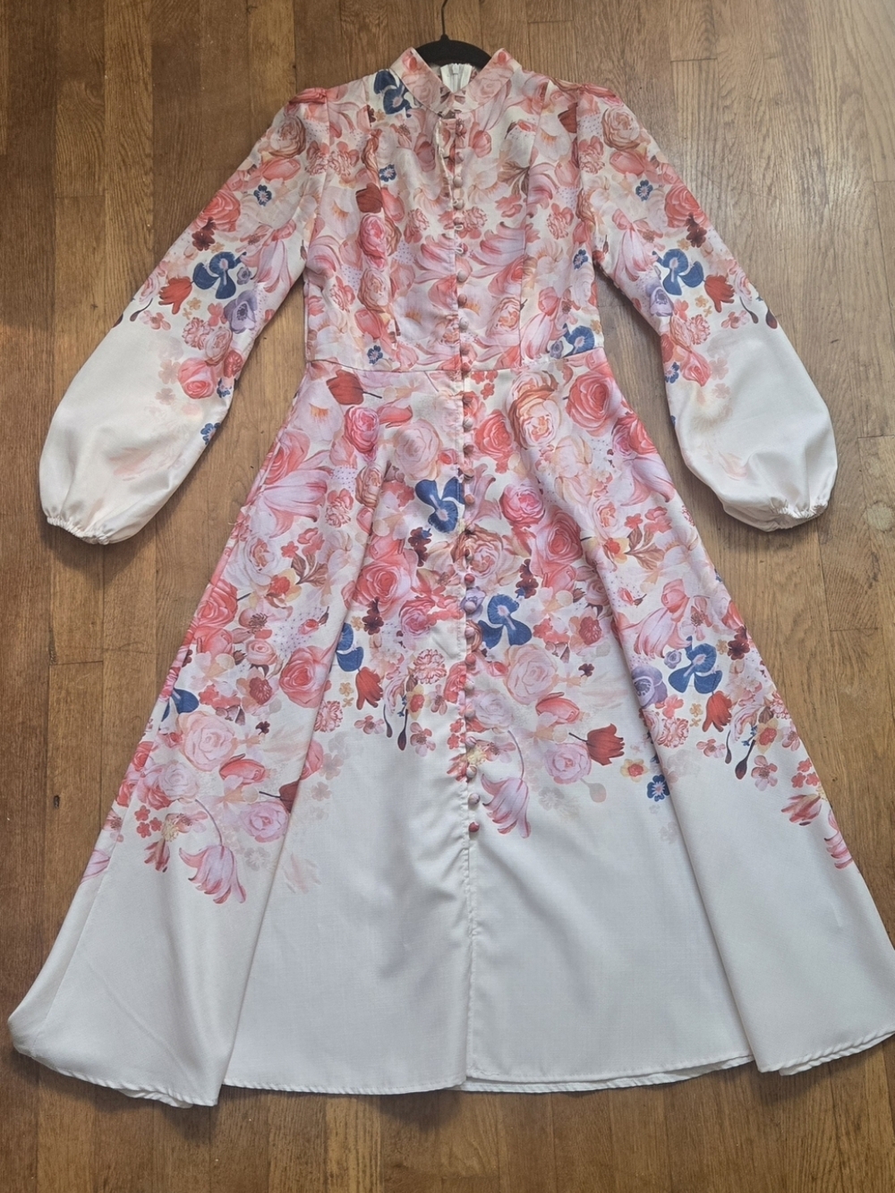 Dalia Macphee Floral Cream/Pink Midi Dress with Stunning Real Button Down Detail